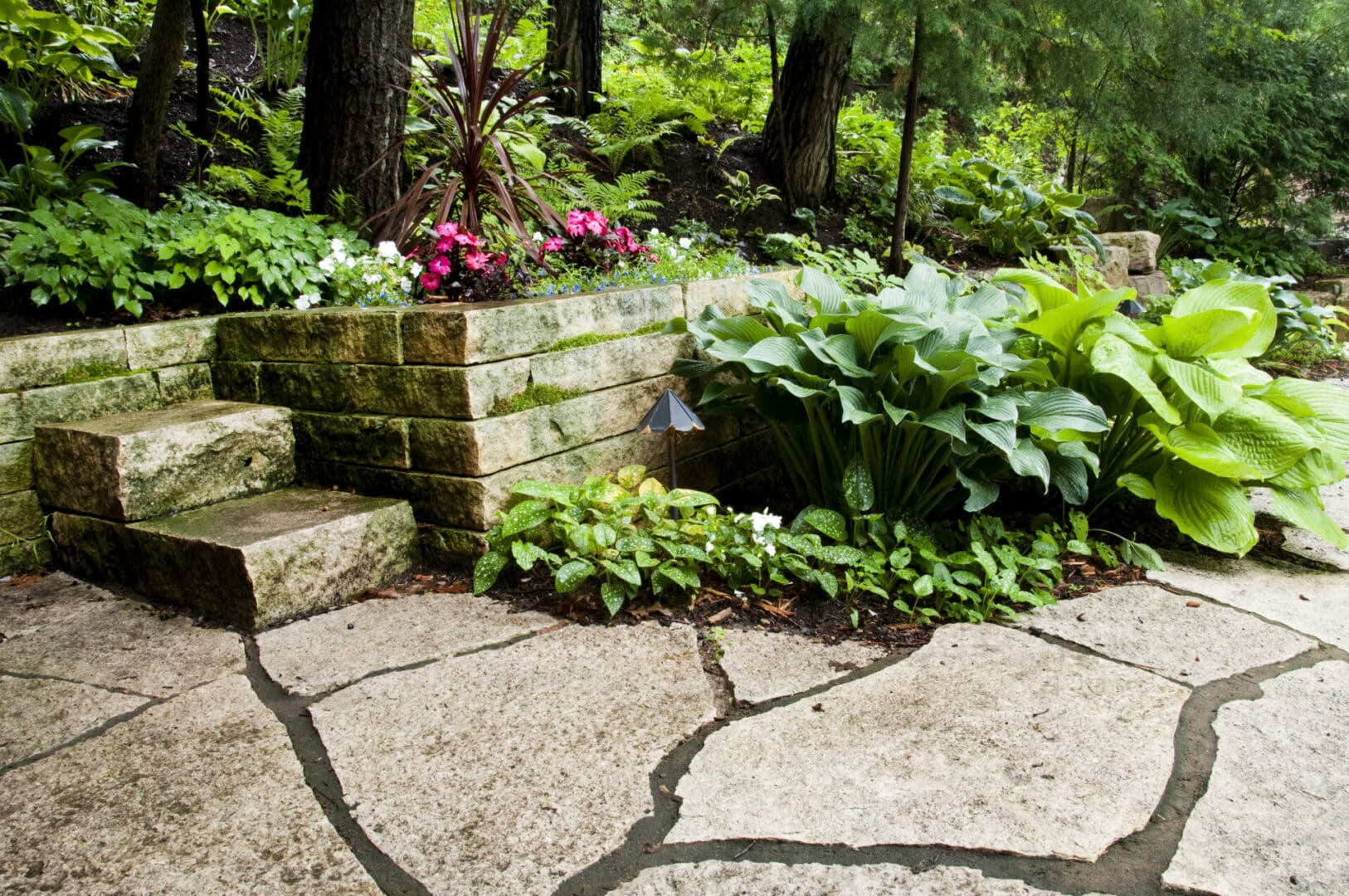 A stone path with steps leading to the ground.